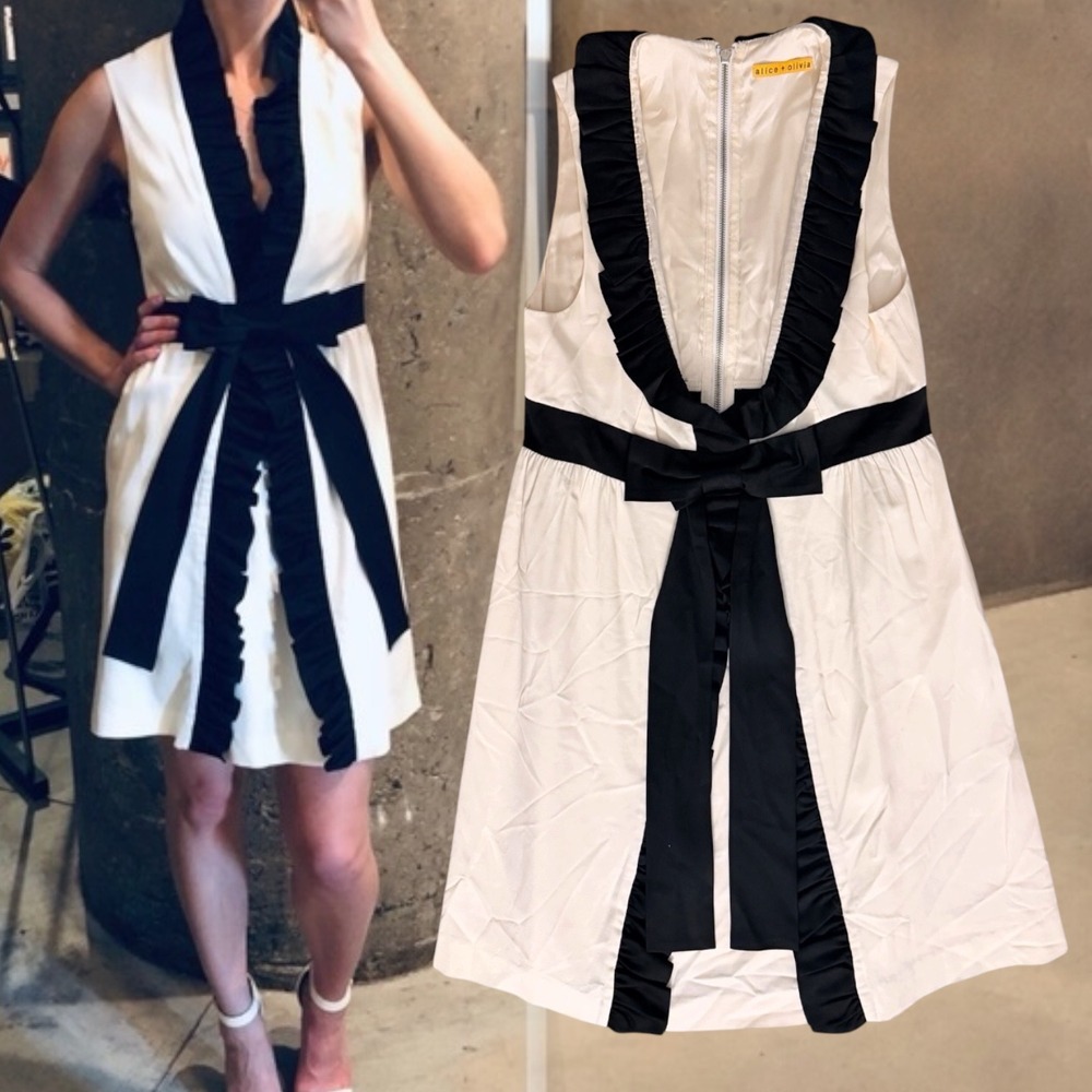 Alice + Olivia Dress Vintage Y2K Ruffle Bow Cream Black 6